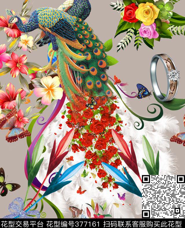 动物花朵孔雀蝴蝶数码印花华亿平台下载（图片编号: 377161） - 瓦栏（Walan）
