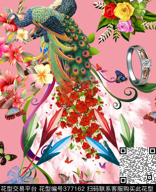 动物孔雀蝴蝶花朵数码印花华亿平台下载（图片编号: 377162） - 瓦栏（Walan）