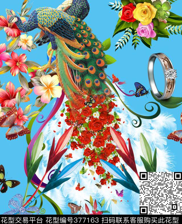 动物孔雀蝴蝶花朵数码印花华亿平台下载（图片编号: 377163） - 瓦栏（Walan）