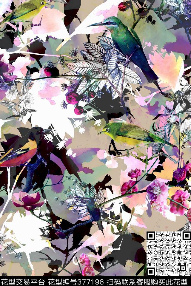 水彩花卉动物数码印花华亿平台下载（图片编号: 377196） - 瓦栏（Walan）