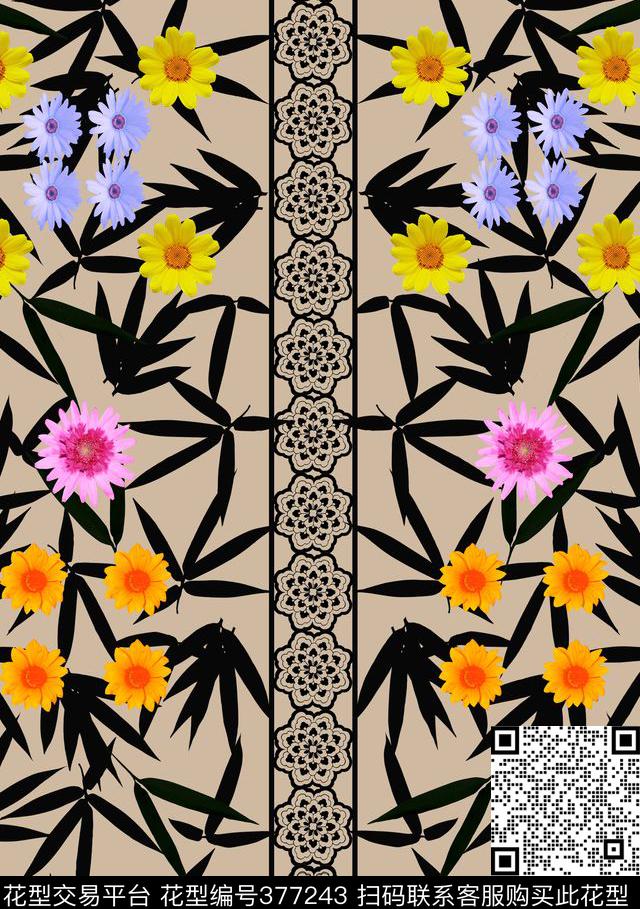 时尚简约竹子雏菊镂空蕾丝中国风传统印花华亿平台下载（图片编号: 377243） - 瓦栏（Walan）