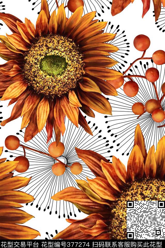 油画笔刷向日葵数码印花华亿平台下载（图片编号: 377274） - 瓦栏（Walan）