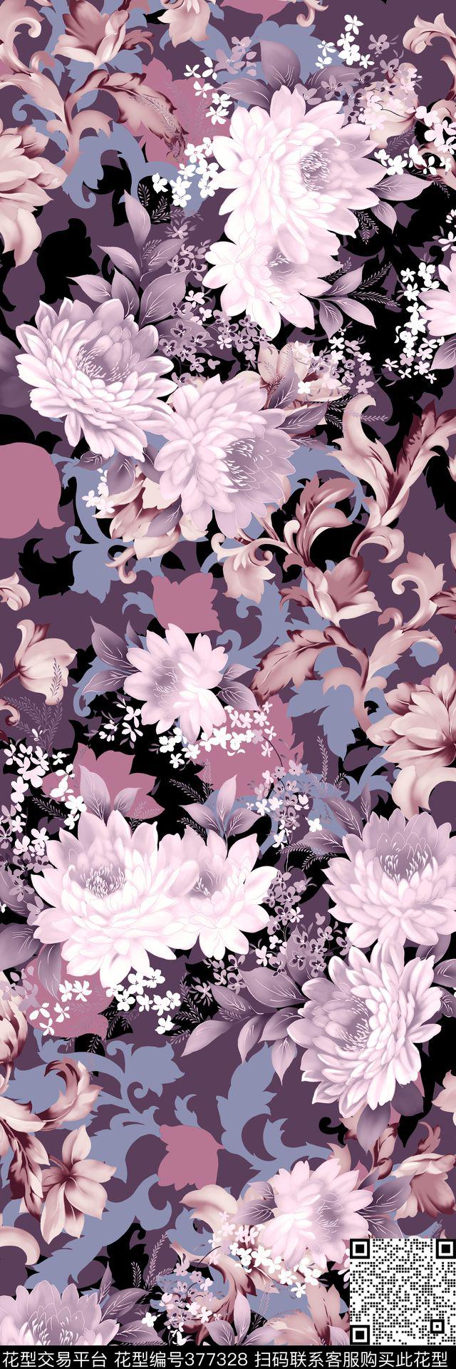 满版花卉纹样数码印花华亿平台下载（图片编号: 377328） - 瓦栏（Walan）