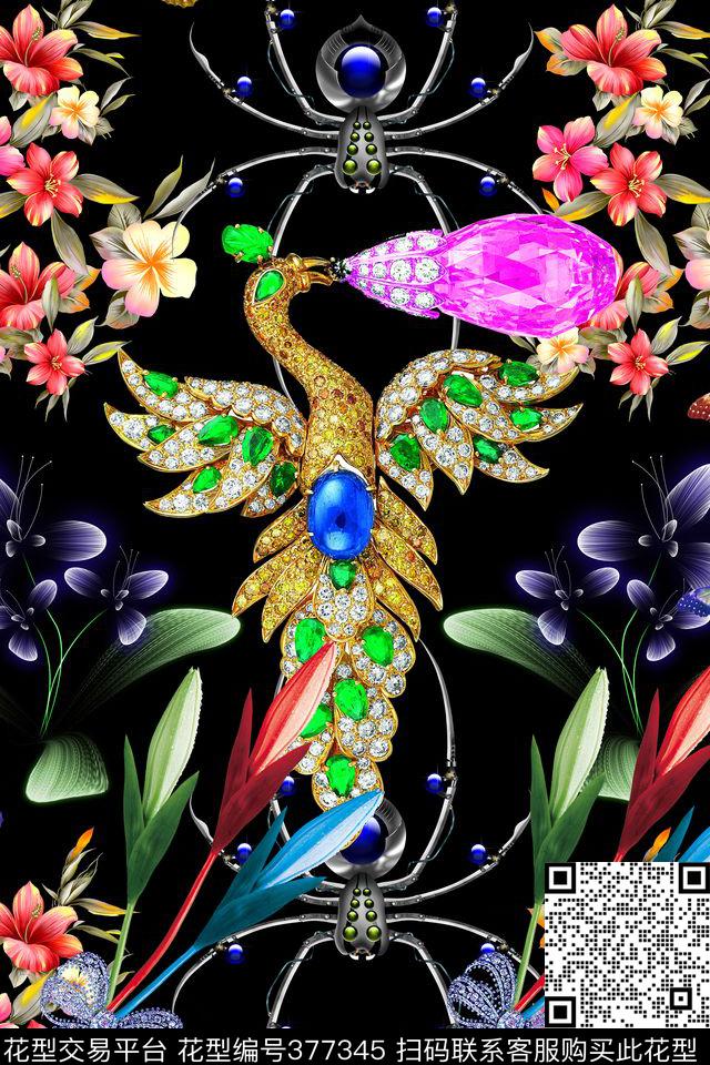 粉钻孔雀珠宝数码印花华亿平台下载（图片编号: 377345） - 瓦栏（Walan）