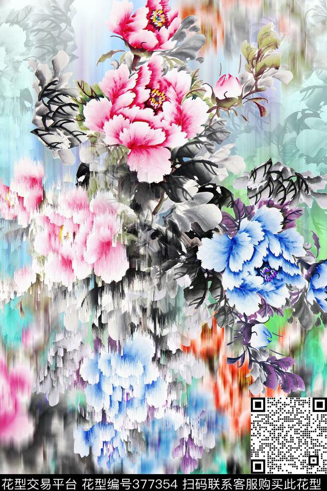 花卉手绘牡丹数码印花华亿平台下载（图片编号: 377354） - 瓦栏（Walan）
