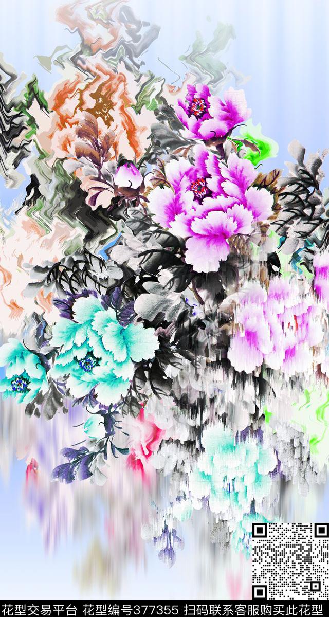 定位花卉手绘牡丹花、模糊波纹效果数码印花华亿平台下载（图片编号: 377355） - 瓦栏（Walan）