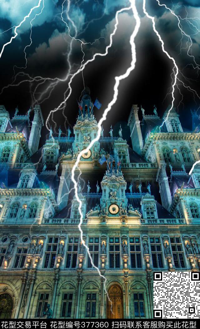 欧式夜景欧式建筑闪电云朵定位风景数码印花华亿平台下载（图片编号: 377360） - 瓦栏（Walan）