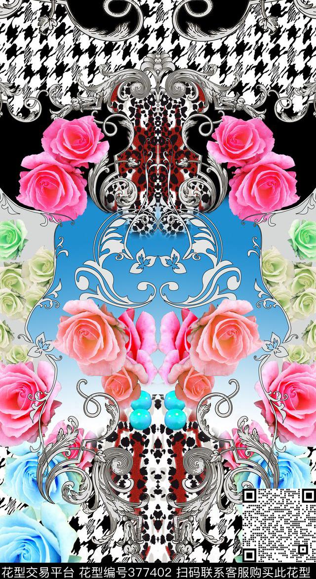 千鸟格写实花朵欧式卷纹数码印花华亿平台下载（图片编号: 377402） - 瓦栏（Walan）