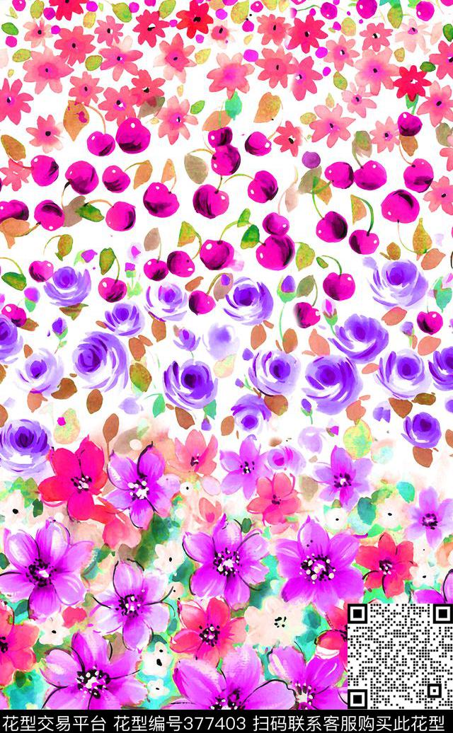 春夏樱桃花卉数码印花华亿平台下载（图片编号: 377403） - 瓦栏（Walan）