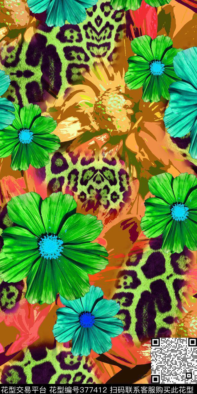 豹纹花卉混搭数码印花华亿平台下载（图片编号: 377412） - 瓦栏（Walan）