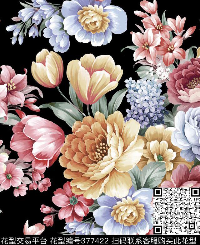 黑底大花田园花潮流女装数码印花华亿平台下载（图片编号: 377422） - 瓦栏（Walan）