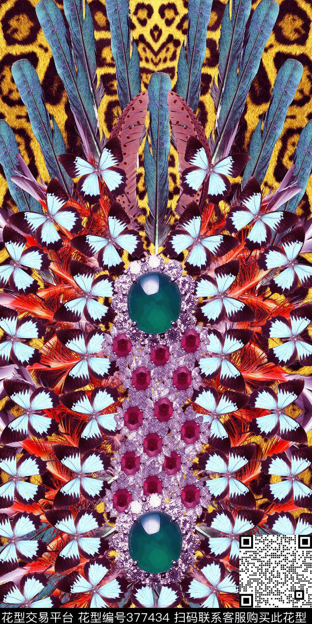 蝴蝶珠宝皮毛羽毛写意数码印花华亿平台下载（图片编号: 377434） - 瓦栏（Walan）