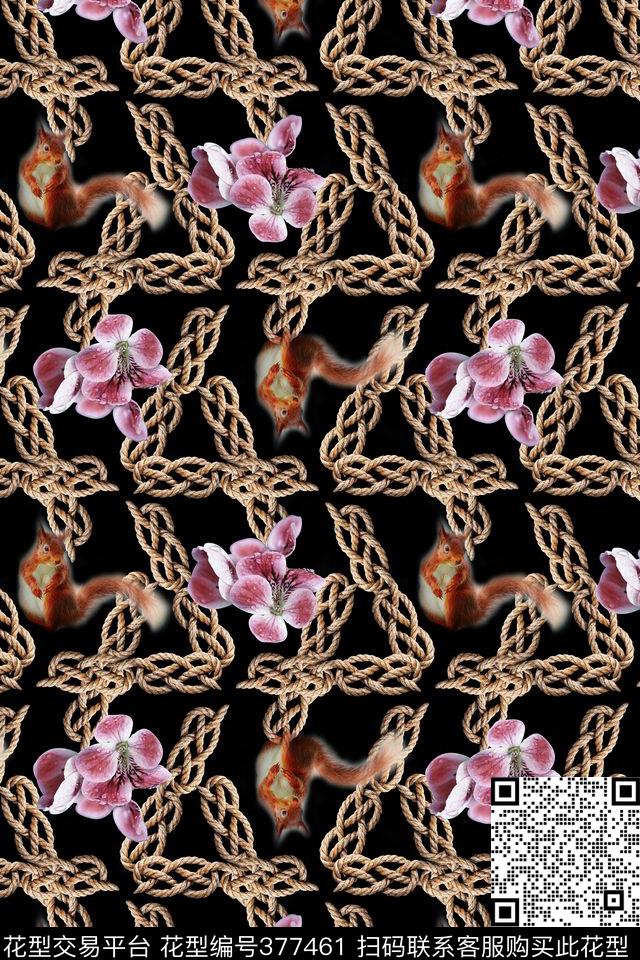 绳索松鼠小花数码印花华亿平台下载（图片编号: 377461） - 瓦栏（Walan）