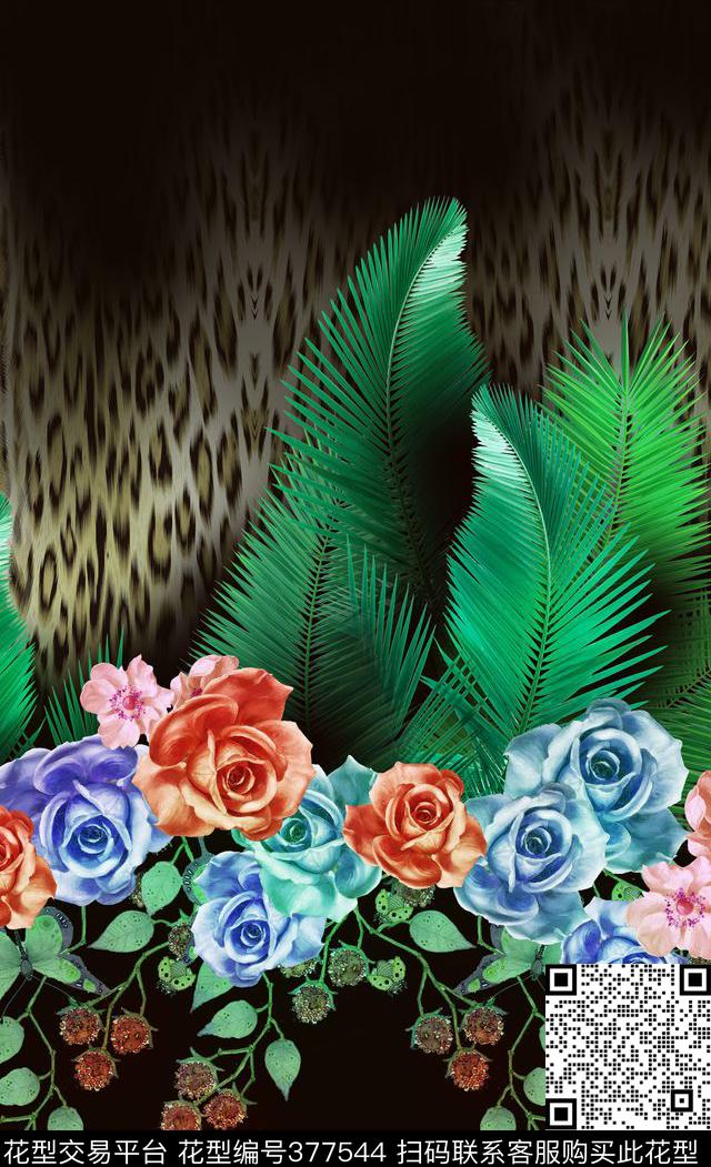 花卉棕榈花卉豹纹定位定位数码印花华亿平台下载（图片编号: 377544） - 瓦栏（Walan）