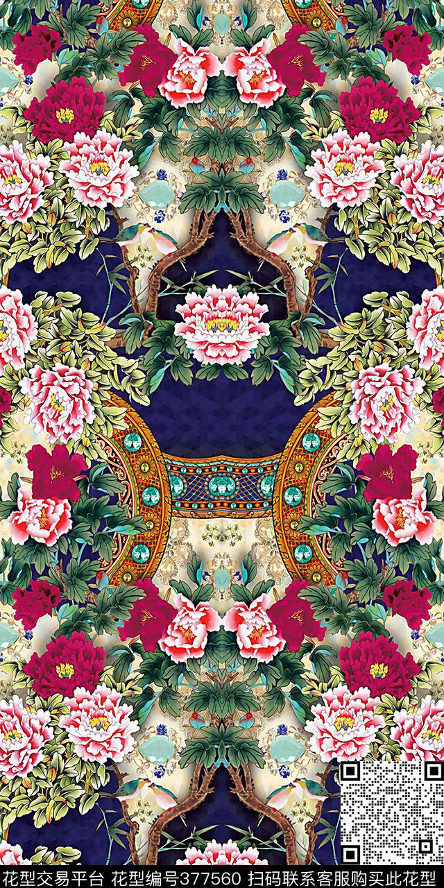 中国风定位牡丹数码印花华亿平台下载（图片编号: 377560） - 瓦栏（Walan）