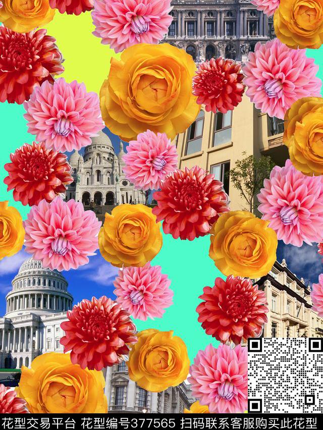 风景花朵建筑数码印花华亿平台下载（图片编号: 377565） - 瓦栏（Walan）