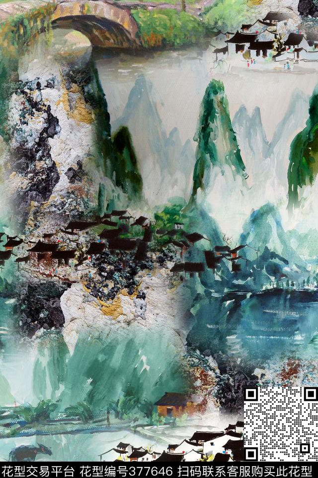 中国风山水肌理数码印花华亿平台下载（图片编号: 377646） - 瓦栏（Walan）