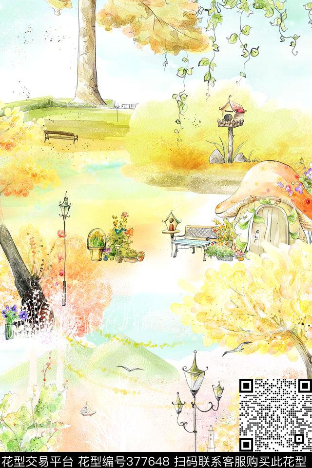 小清新风景水彩数码印花华亿平台下载（图片编号: 377648） - 瓦栏（Walan）