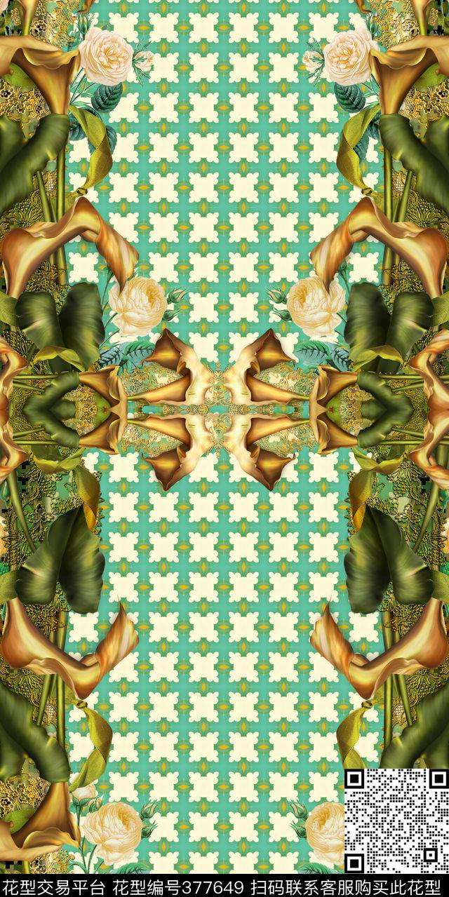 复古花卉几何数码印花华亿平台下载（图片编号: 377649） - 瓦栏（Walan）