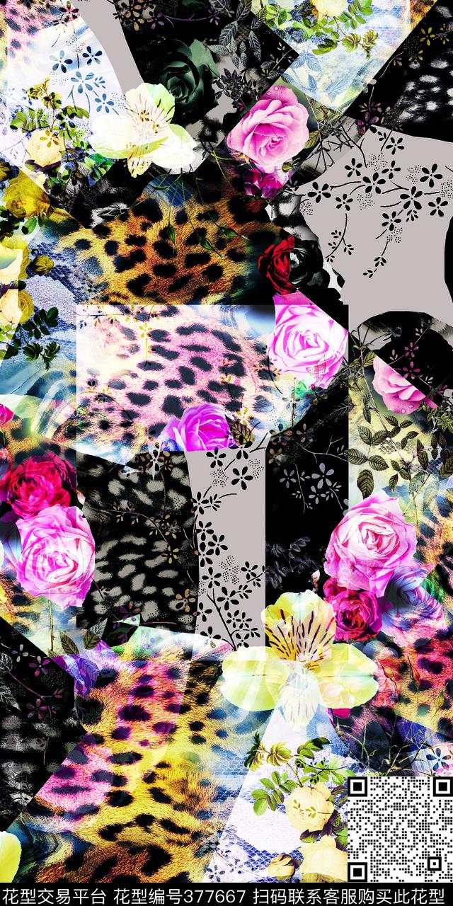 时尚豹纹花花卉数码印花华亿平台下载（图片编号: 377667） - 瓦栏（Walan）
