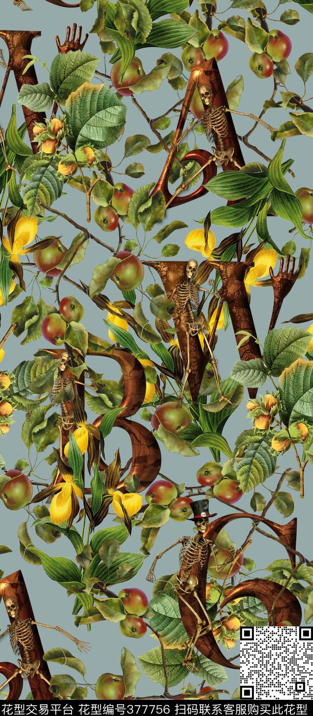 金属字母骷髅花卉水果数码印花华亿平台下载（图片编号: 377756） - 瓦栏（Walan）