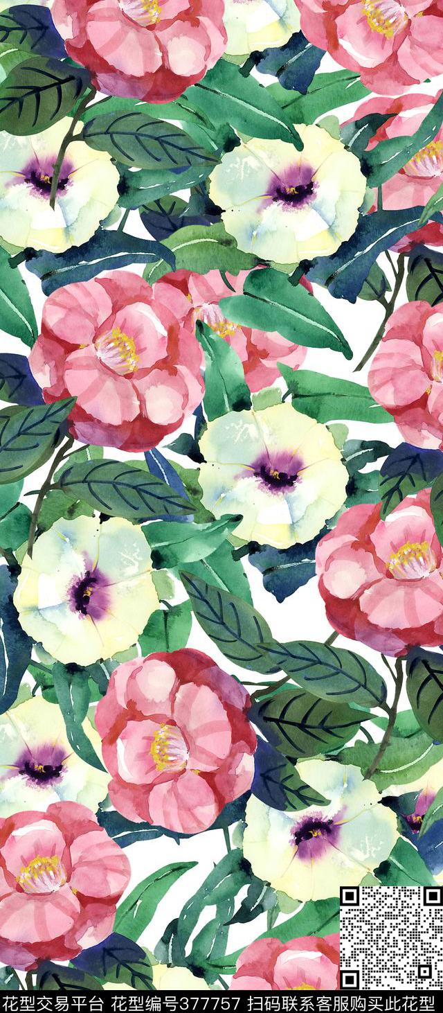 清新山茶花植物花卉数码印花华亿平台下载（图片编号: 377757） - 瓦栏（Walan）