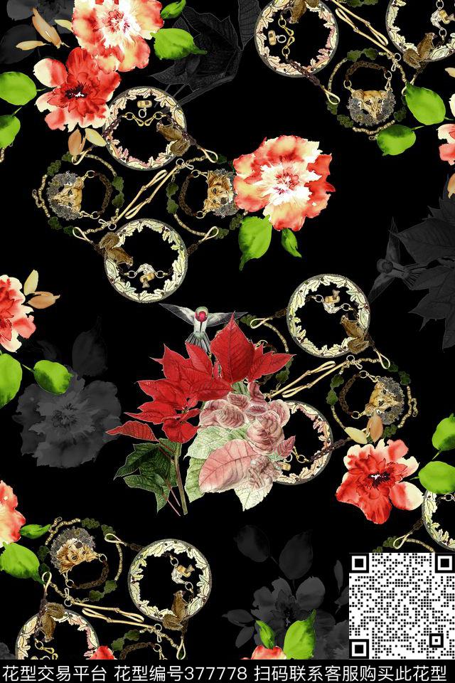 红花圆形动物图案黑底数码印花华亿平台下载（图片编号: 377778） - 瓦栏（Walan）