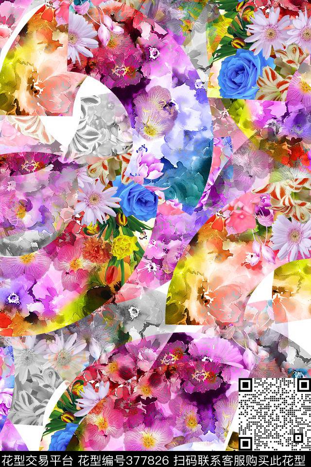 花卉拼贴数码印花华亿平台下载（图片编号: 377826） - 瓦栏（Walan）