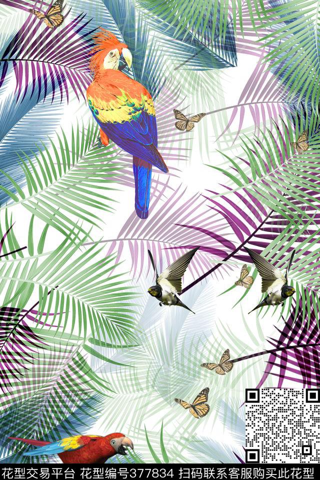 热带树热带雨林鹦鹉数码印花华亿平台下载（图片编号: 377834） - 瓦栏（Walan）