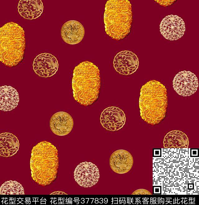 古牌龙凤中国风数码印花华亿平台下载（图片编号: 377839） - 瓦栏（Walan）