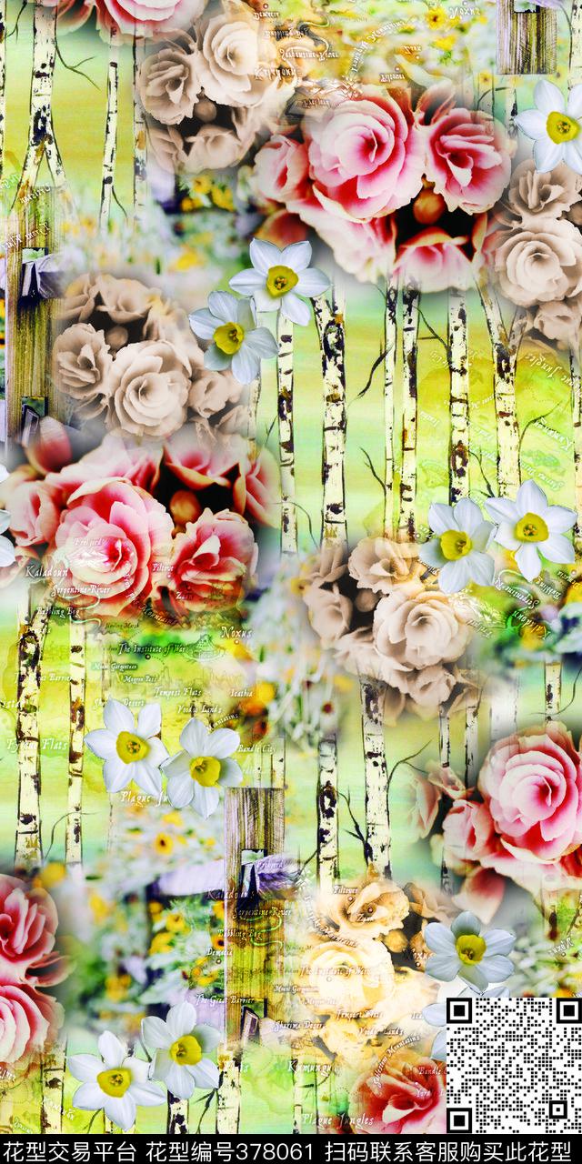 时尚树木花花卉数码印花华亿平台下载（图片编号: 378061） - 瓦栏（Walan）
