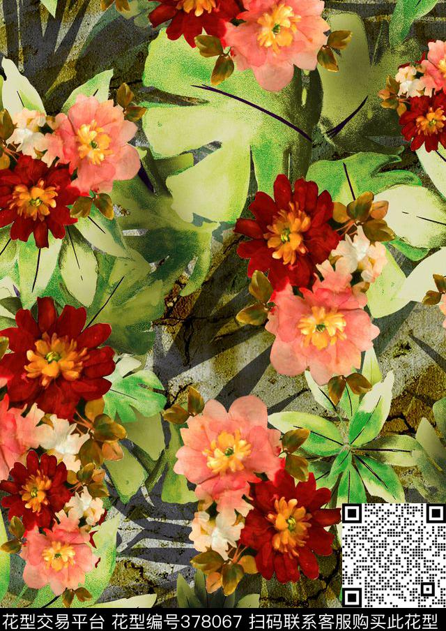 花卉绿叶数码印花华亿平台下载（图片编号: 378067） - 瓦栏（Walan）