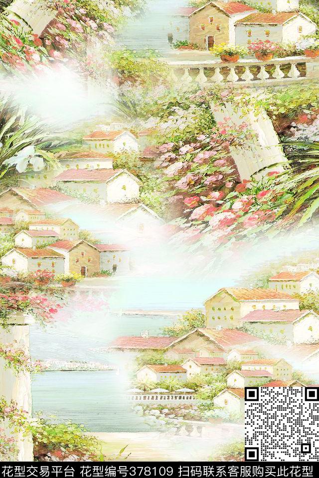 欧式建筑花草数码印花华亿平台下载（图片编号: 378109） - 瓦栏（Walan）