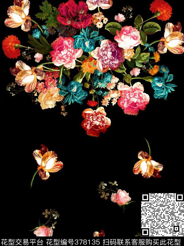 数码写实油画花黑底数码印花华亿平台下载（图片编号: 378135） - 瓦栏（Walan）