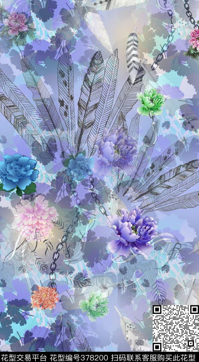 豹纹羽毛花卉组合数码印花华亿平台下载（图片编号: 378200） - 瓦栏（Walan）