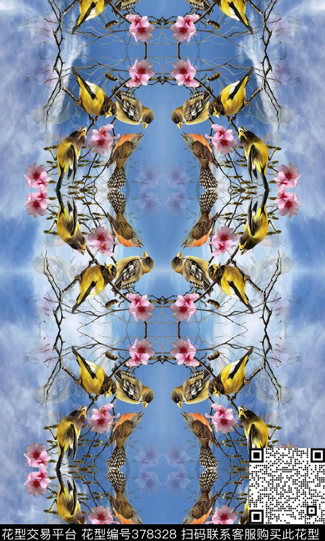 蓝天鸟清晰小花数码印花华亿平台下载（图片编号: 378328） - 瓦栏（Walan）