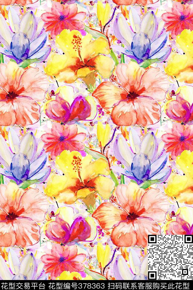 水彩花卉手绘数码印花华亿平台下载（图片编号: 378363） - 瓦栏（Walan）