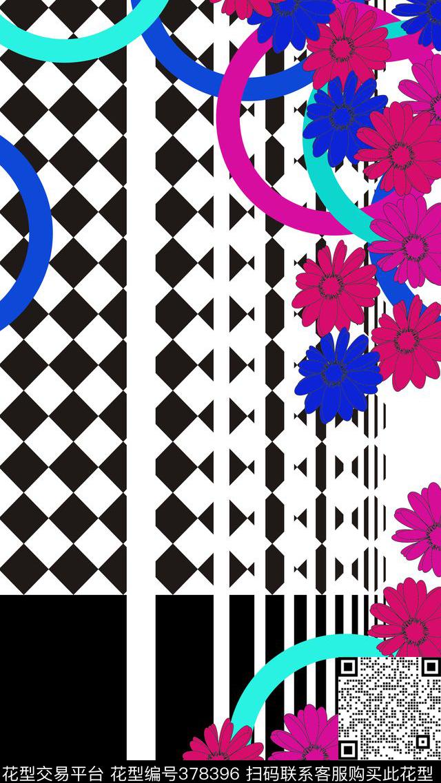 花卉混搭几何图案传统印花华亿平台下载（图片编号: 378396） - 瓦栏（Walan）