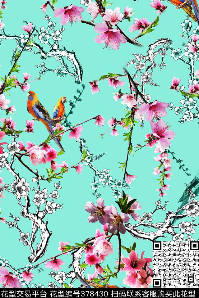 桃花枝条花卉数码印花华亿平台下载（图片编号: 378430） - 瓦栏（Walan）