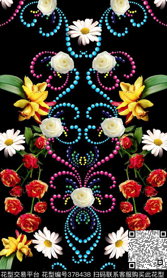 写实鲜花珍珠时尚黑底数码印花华亿平台下载（图片编号: 378438） - 瓦栏（Walan）