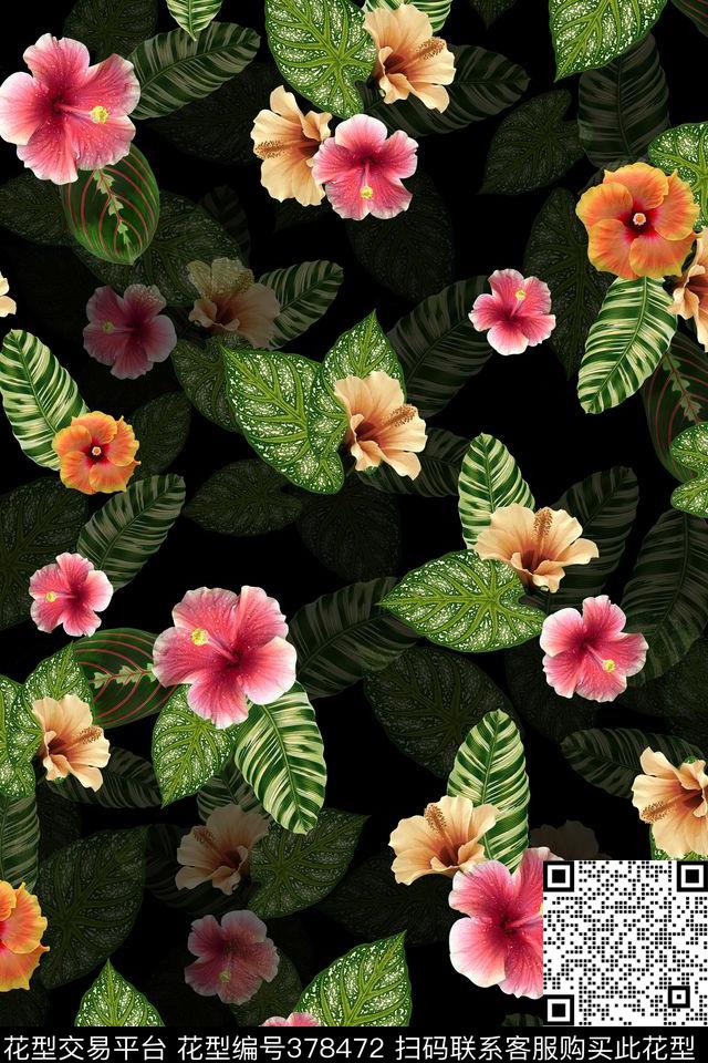 花卉叶子组合数码印花华亿平台下载（图片编号: 378472） - 瓦栏（Walan）