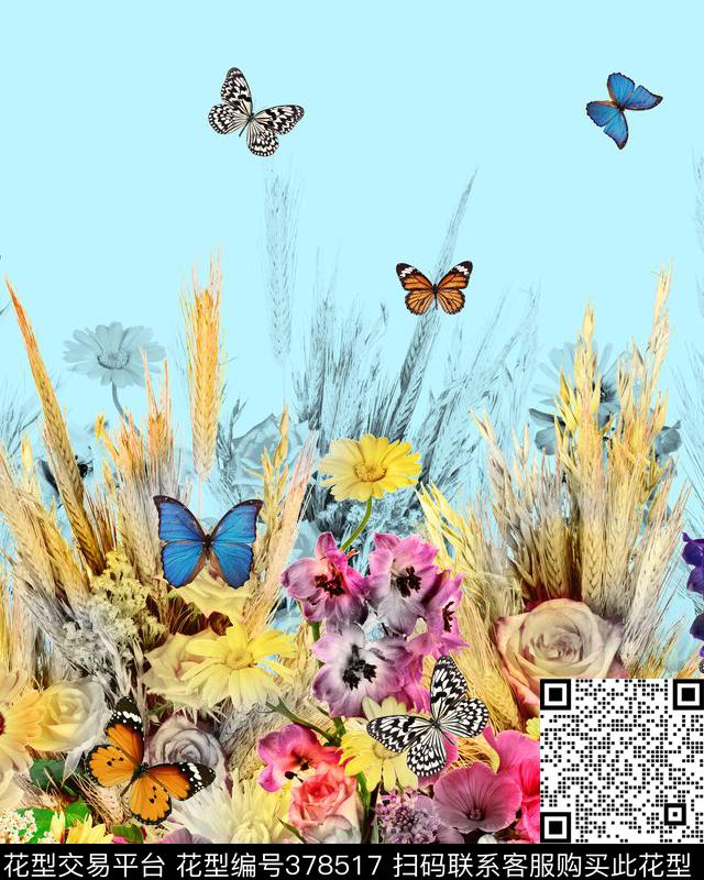 花卉麦穗双边定位数码印花华亿平台下载（图片编号: 378517） - 瓦栏（Walan）