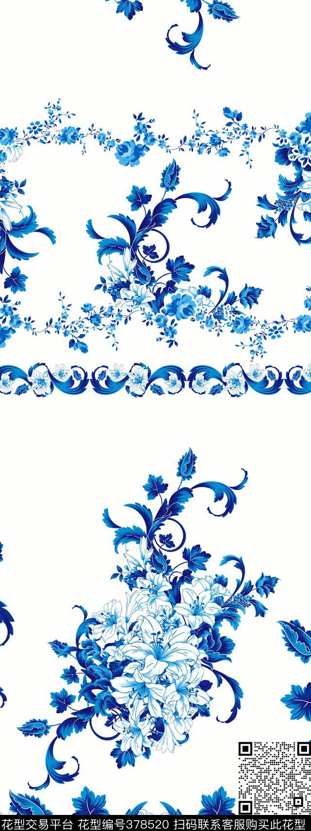 青花瓷卷草花卉数码印花华亿平台下载（图片编号: 378520） - 瓦栏（Walan）