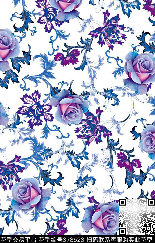 青花玫瑰散花数码印花华亿平台下载（图片编号: 378523） - 瓦栏（Walan）