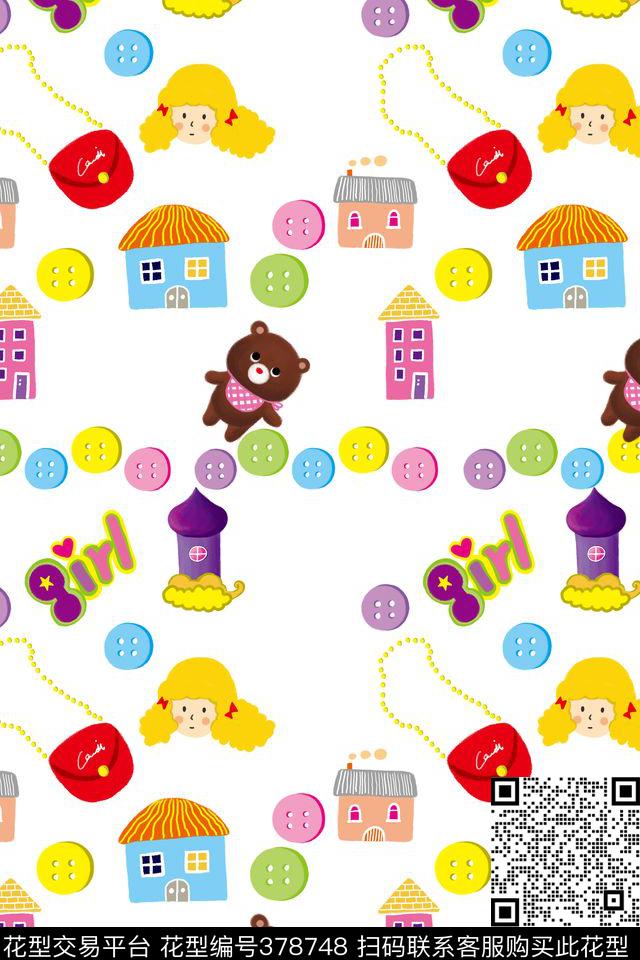卡通手绘女孩纽扣传统印花华亿平台下载（图片编号: 378748） - 瓦栏（Walan）