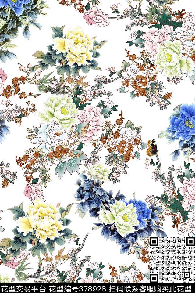 花卉牡丹花中国风数码印花华亿平台下载（图片编号: 378928） - 瓦栏（Walan）