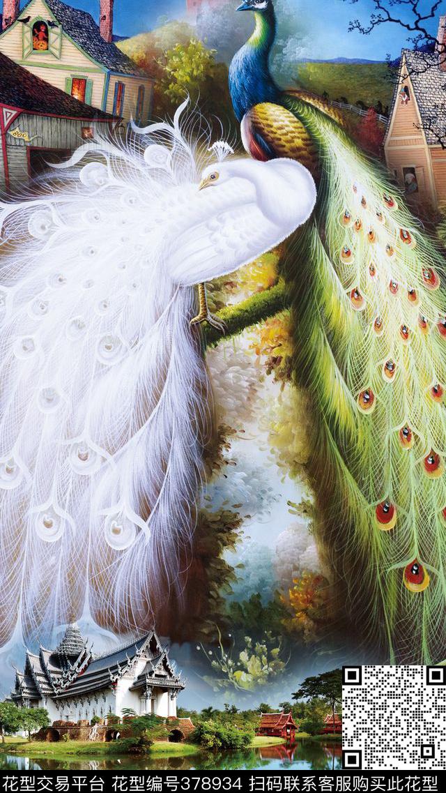 风景孔雀自然数码印花华亿平台下载（图片编号: 378934） - 瓦栏（Walan）
