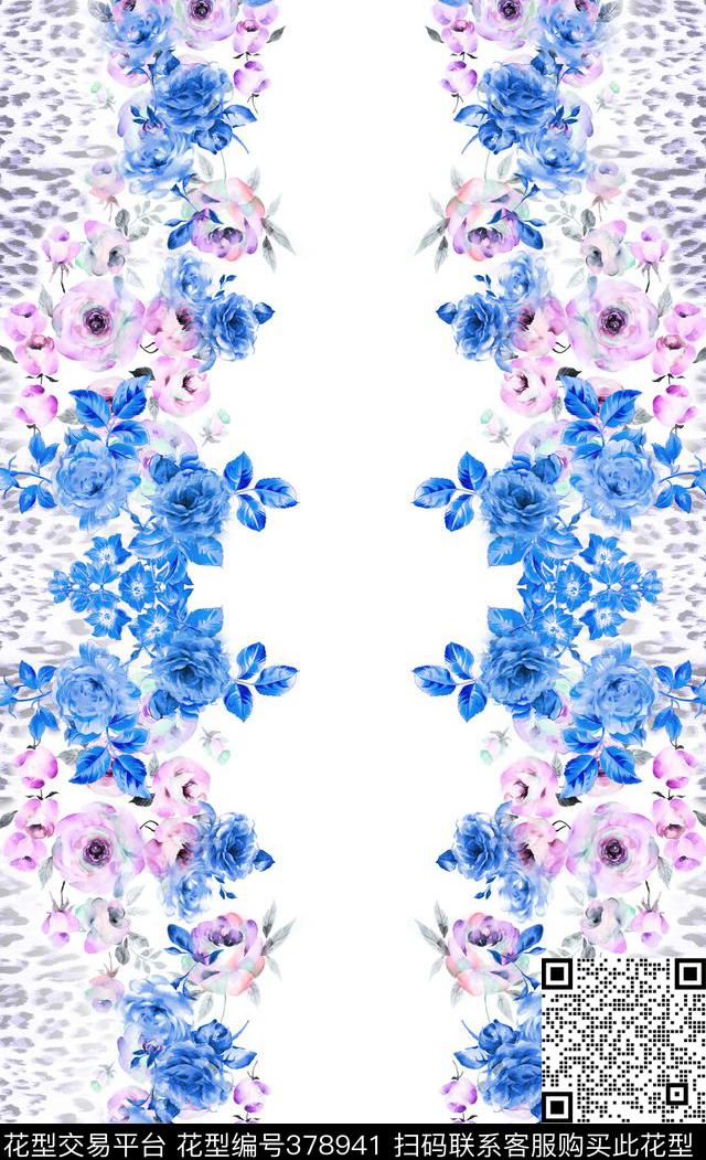清新青花花卉豹纹定位数码印花华亿平台下载（图片编号: 378941） - 瓦栏（Walan）