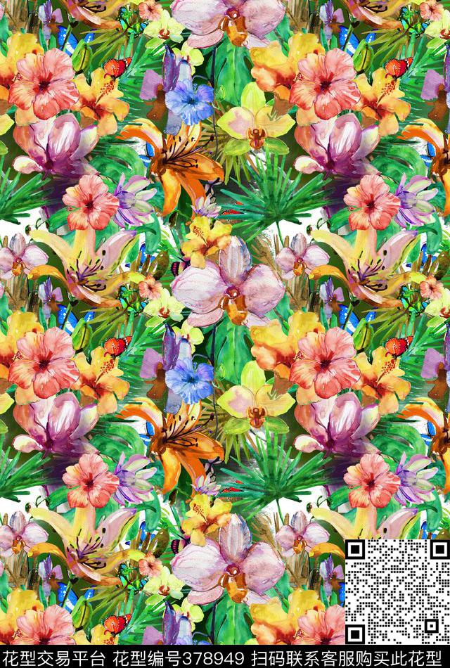 热带花卉水彩数码印花华亿平台下载（图片编号: 378949） - 瓦栏（Walan）