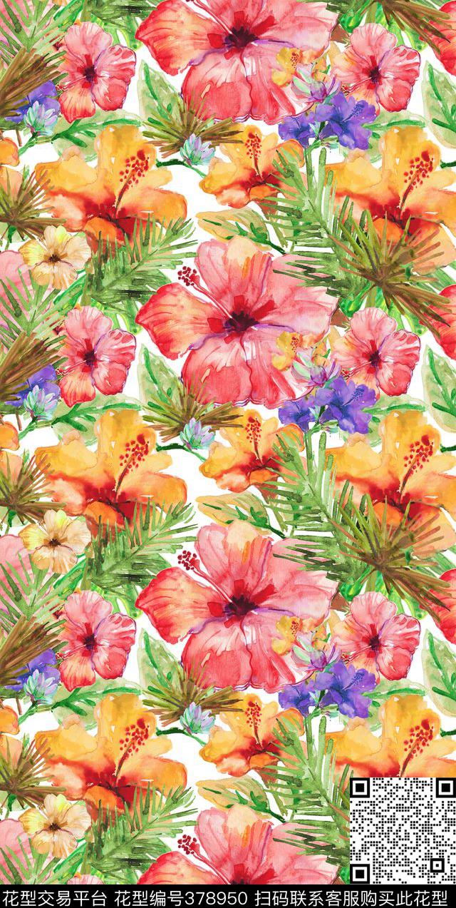 热带水彩花卉水彩数码印花华亿平台下载（图片编号: 378950） - 瓦栏（Walan）
